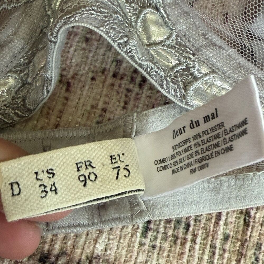 Fleur du Mal Lace Balconette Bra 34D Silver Grey Embroidered Underwire Silk Sexy - Picture 10 of 12